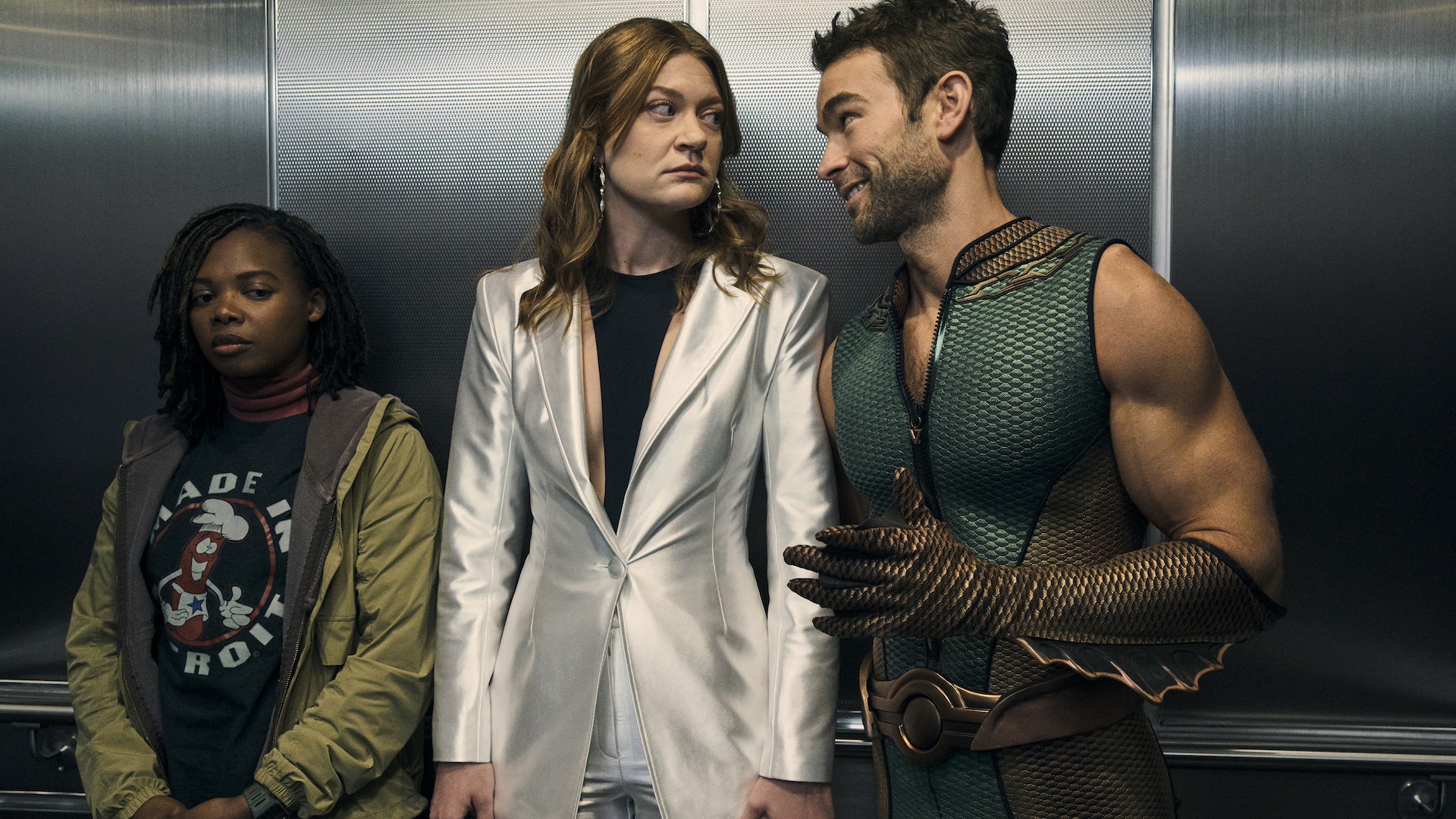 Sister Sage (Susan Heyward), Ashley Barrett (Colby Minifie), and The Deep (Chace Crawford) on The Boys season 4