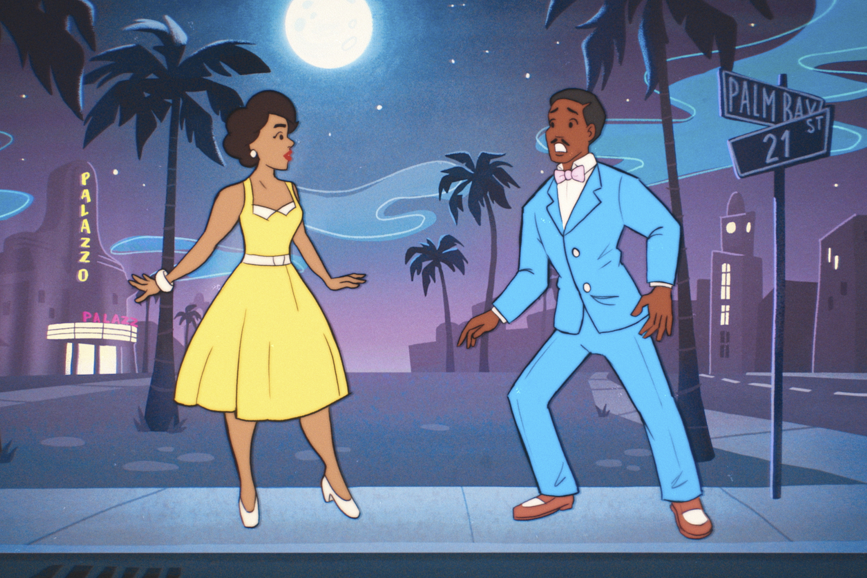 A cartoon woman in a yellow dress and a cartoon man in a blue suit from Doctor Who episode "Lux"