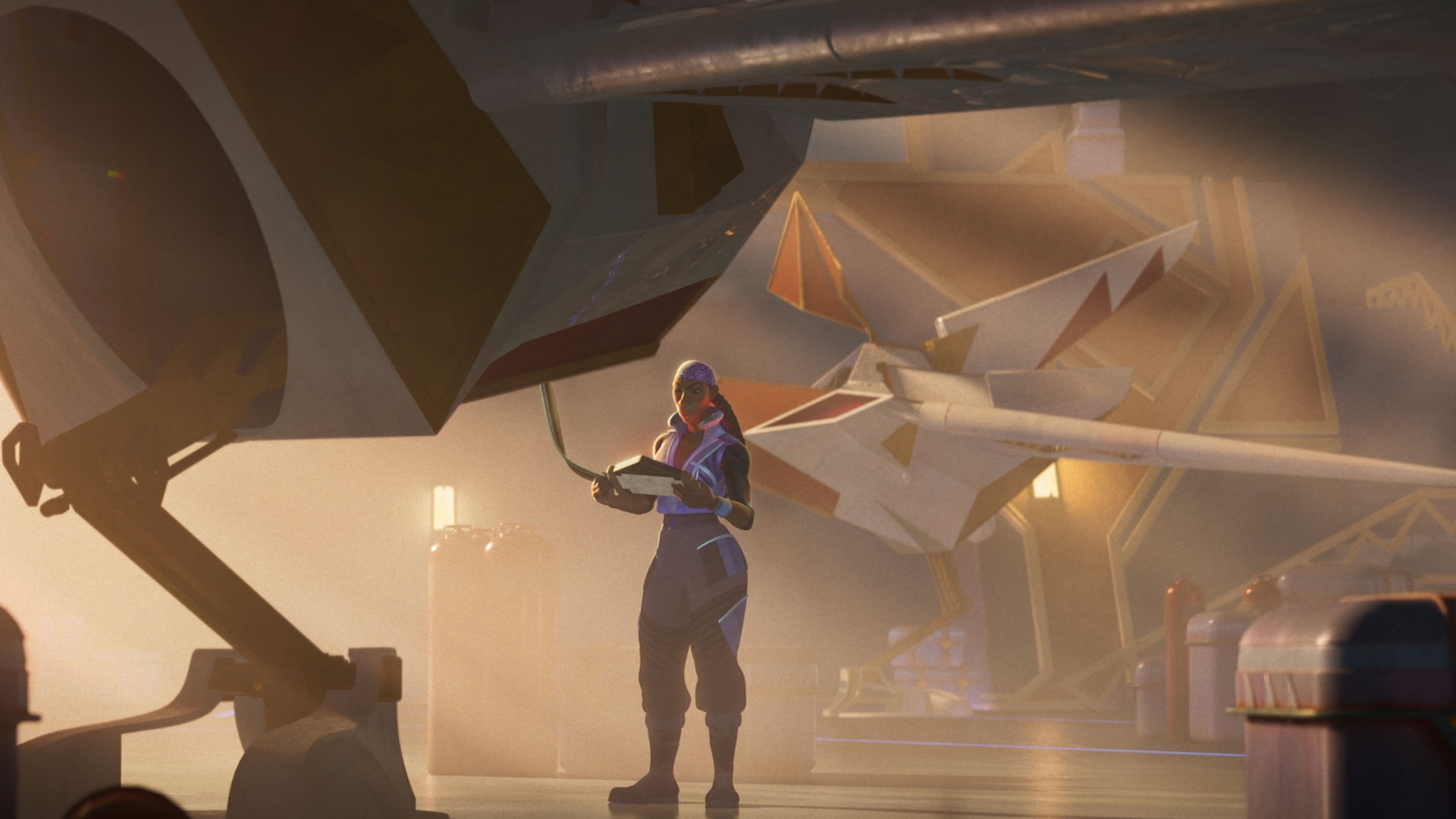 A Wakandan Tech examines Basha's aircraftin Marvel Animation's EYES OF WAKANDA, exclusively on Disney+. Photo courtesy of Marvel. © 2025 MARVEL. All Rights Reserved.